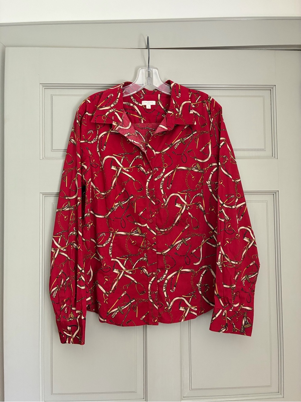 Talbots Woman’s Button-Up Blouse 16 Cotton India Equestrian Bits Red